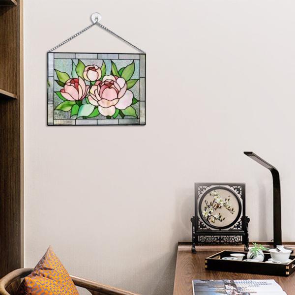 ステンドグラス長方形窓パネルサンキャッチャー壁の装飾牡丹 : STK