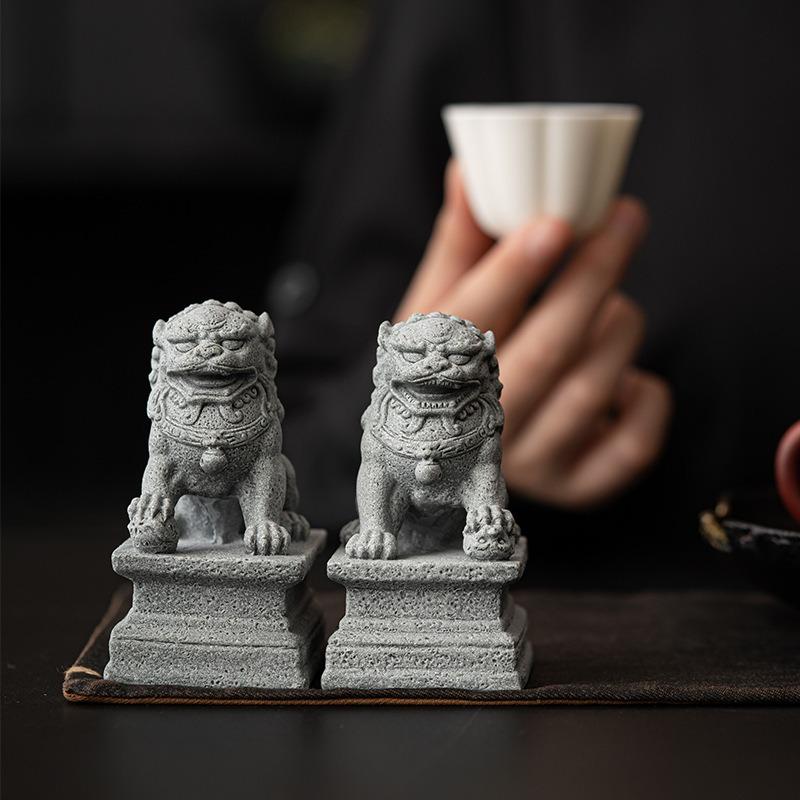 獅子 狛犬 シーサー グレー 置物 オブジェ 優雅 伝統的 運 金運 健康運