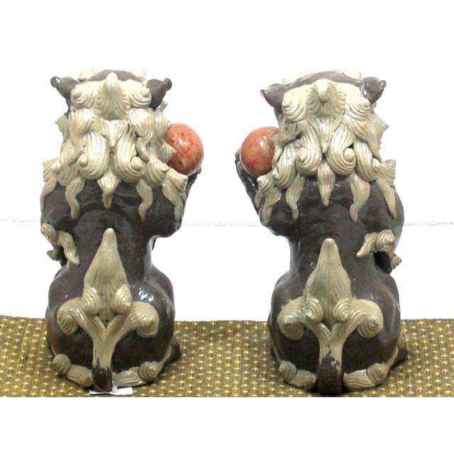 湧田陶器＠手捻座型玉持ち親子獅子 シーサー 沖縄産 風水 開運 厄除け