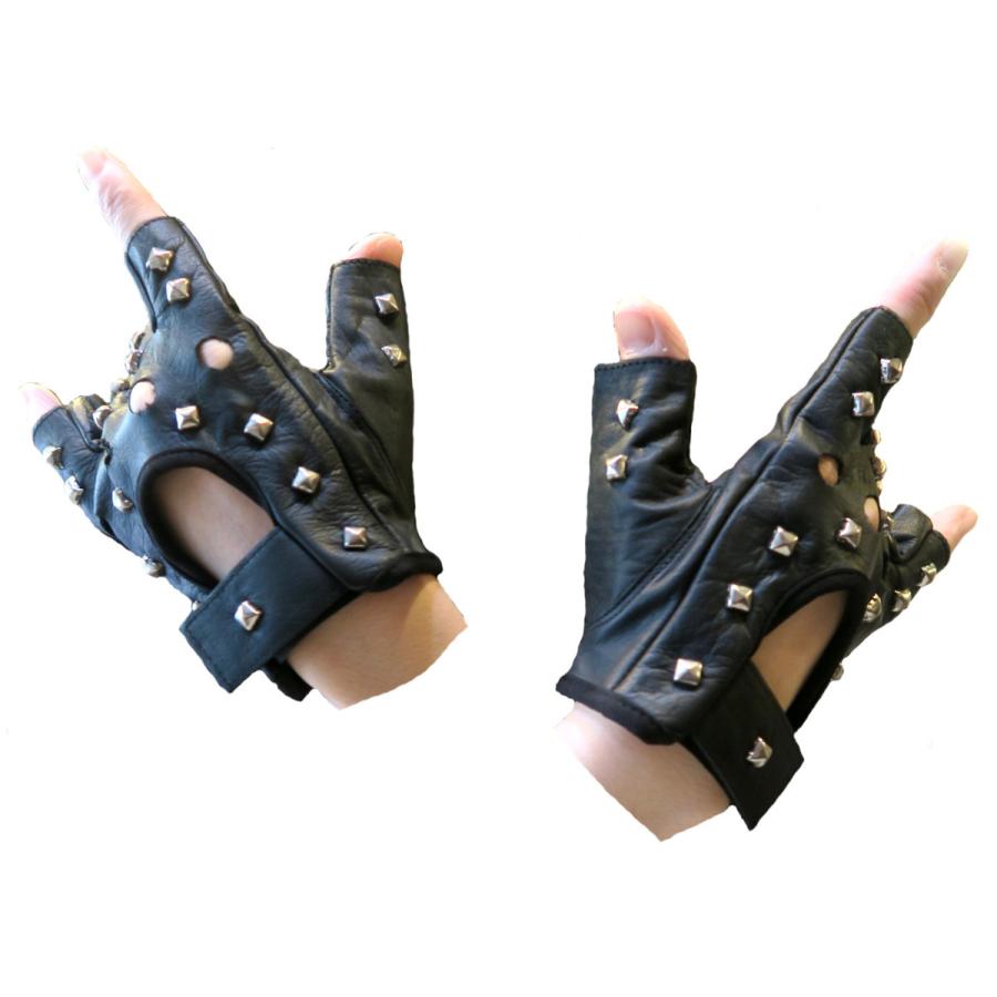 本革 グローブ 指無し 指切り 角鋲付き スタッヅ付き 黒 ブラック