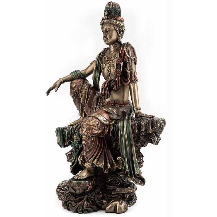 水月観音半跏思惟像鋳造ブロンズ風彫像高さ約36cm置物慈悲の観音菩薩