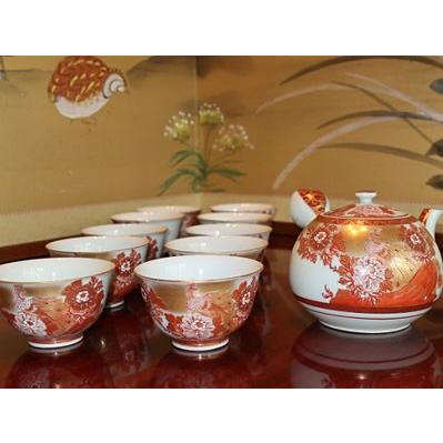 九谷焼 茶道具 十客茶器揃（急須・碗10ヶ入） 本金赤牡丹孔雀 錦苑作