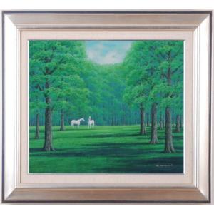 富谷一明 爽 馬 絵画 白馬 風景画 インテリア シルクスクリーン 版画