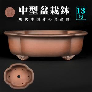 盆栽鉢 紫泥外縁胴紐楕円鉢 植木鉢 中国鉢 張氏製陶 落款あり 15号