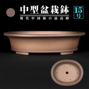 盆栽鉢 紫泥外縁下紐楕円鉢 植木鉢 中国鉢 張氏製陶 落款あり 15号