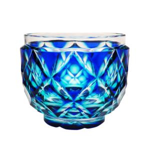 黒木国昭作 猪口 薩摩切子 ぐい呑み 青被せガラス 共箱付 江戸切子