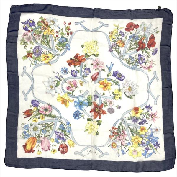 GUCCI（グッチ） 花柄 スカーフ シルク ネイビー レディース