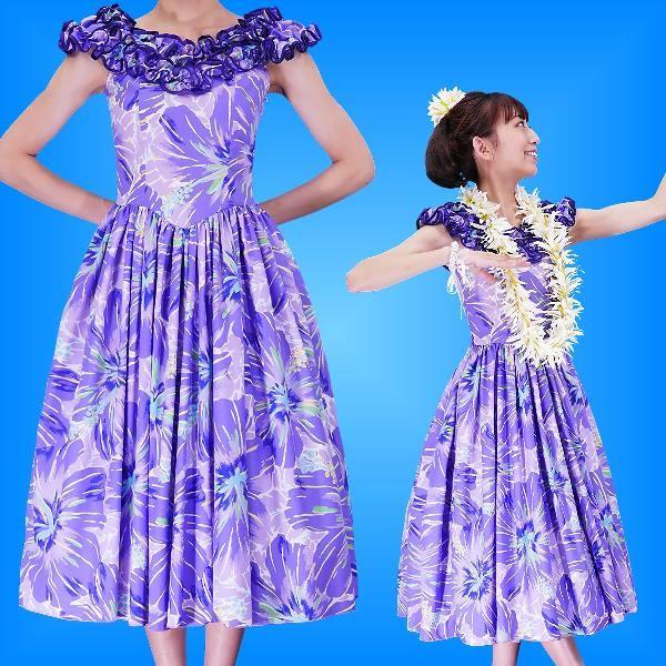 フラダンス ムームー フリル ミディ丈ドレス パープル LLサイズ