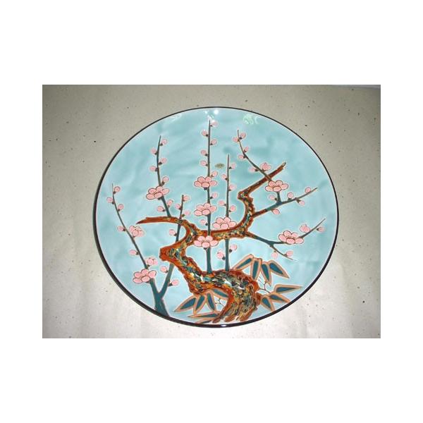 AH69 大甕焼 おおみか焼 鉄釉抜絵皿 大皿 飾り皿 ざくろ図 共箱栞 未