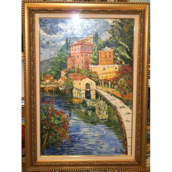 イタリア油絵 絵画 マルコ 作 水車小屋のある風景 インテリア 大型