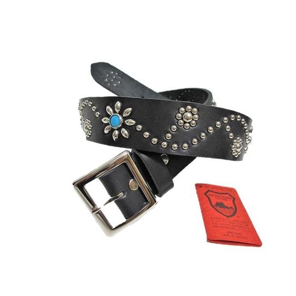 栃木レザー フラワー型スタッズベルト 黒 ターコイズスポッツ 一枚革