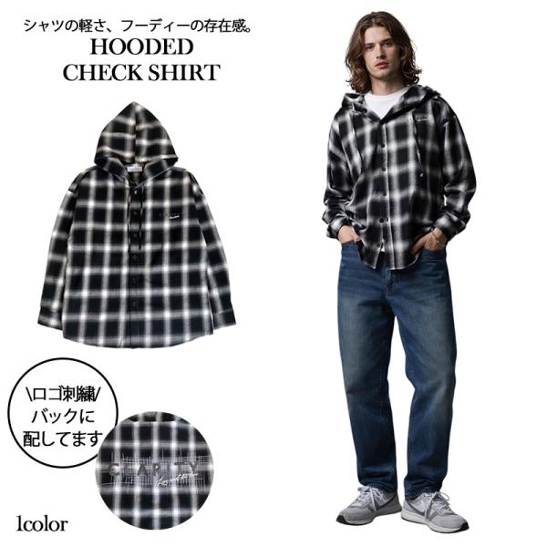 LAXNY】チェックシャツパーカー フード付き シャツジャケット メンズ