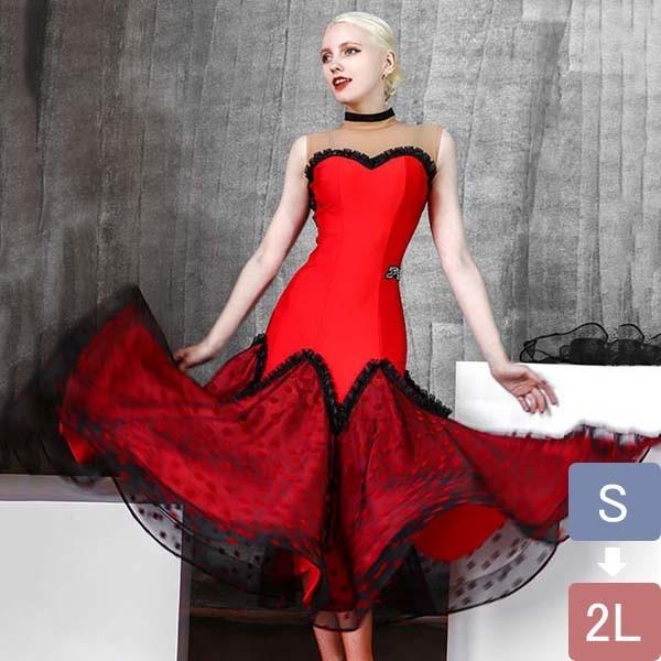社交ダンス ドレス ダンスドレス 大きい裾 赤 黒 ノースリーブ モダン