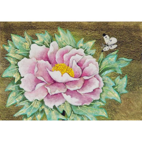 日本画 原画 牡丹と蝶 （SM）22．7×15．8 仮額付 】 萩原緑風