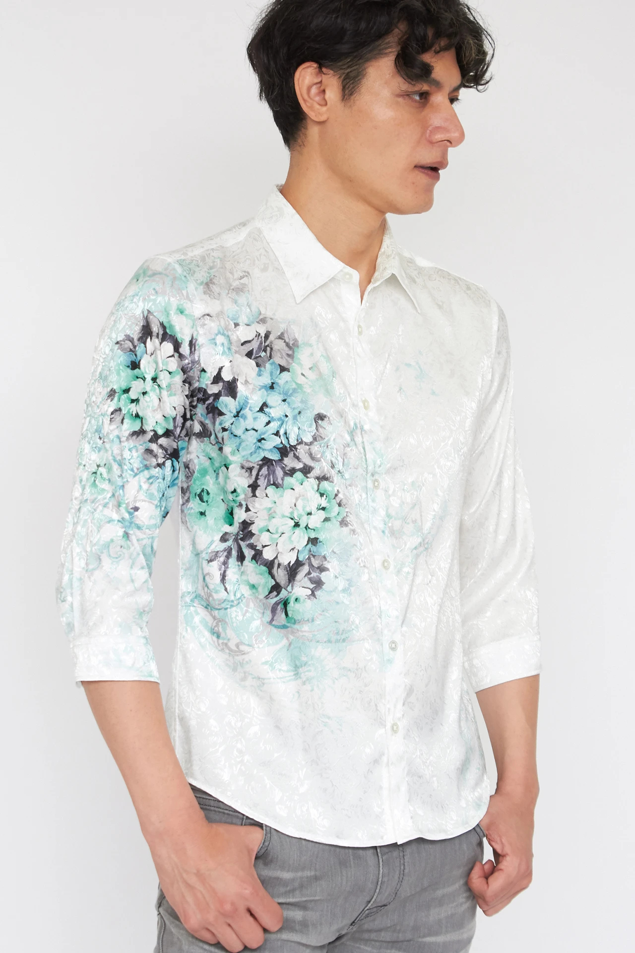 TORNADO MART∴オーナメントフラワープリント7分袖シャツ / TORNADO