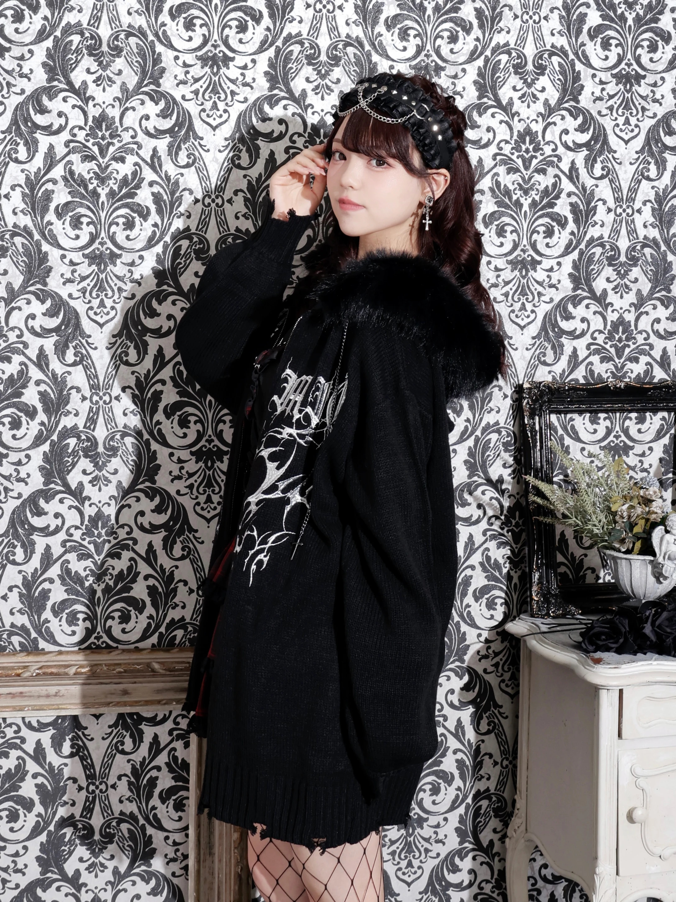 フードファーダメージユニセックスニットZIPパーカー（パーカー｜紫