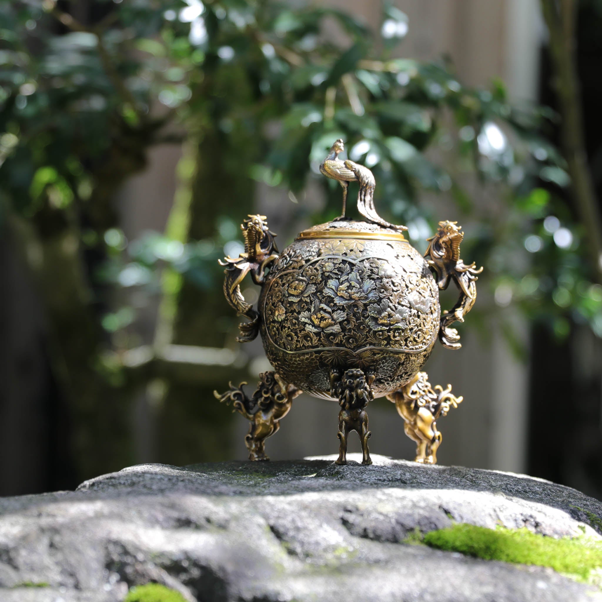 高岡銅器 香炉 | 玉型孔雀 彩色 | 銅 | 喜泉堂