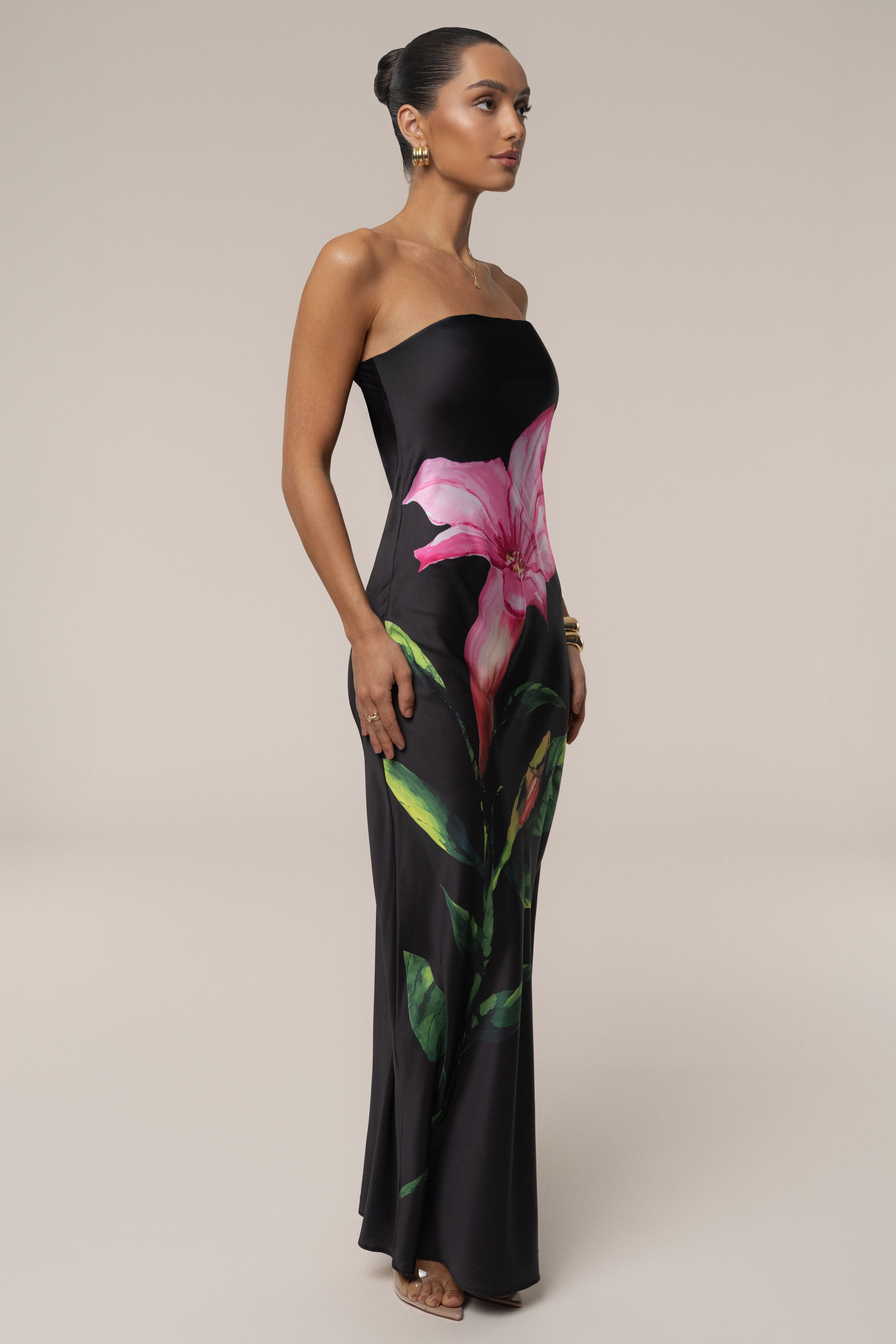 Black Blossom Satin Maxi Dress
