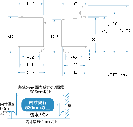 タテ型洗濯乾燥機（ES-TG60L／TG55L）｜本体寸法図/寸法図の見方：シャープ