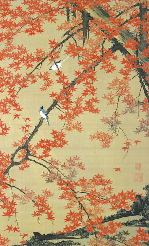 花鳥画掛け軸 紅葉小禽図 伊藤若冲（名画複製画） – 寿鳳人形の東芸