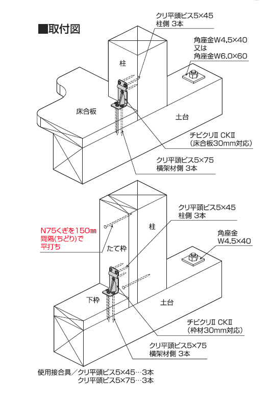 柱頭、柱脚用仕口金物 チビクリ2 CK2 合板枠30対応 通販 | カナマル