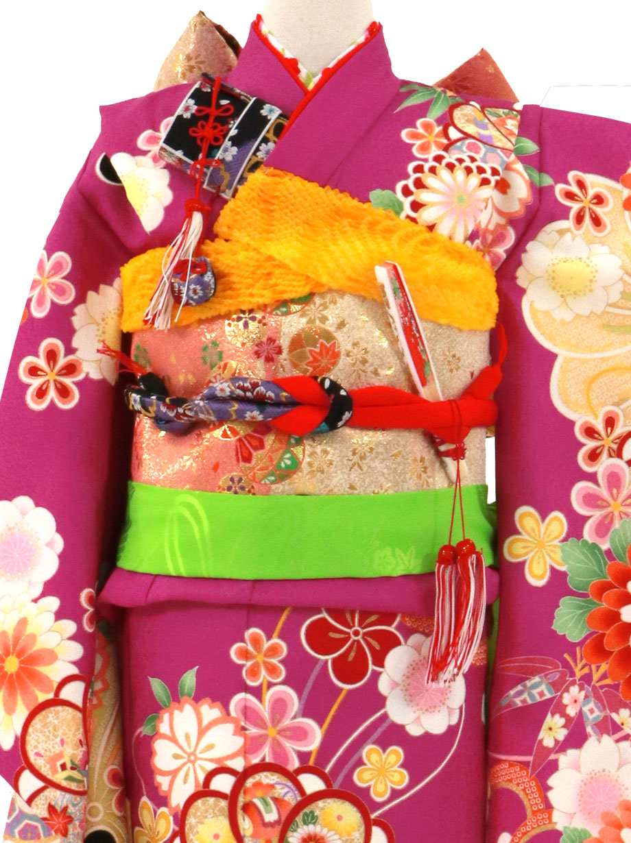 赤紫地に菊や梅の着物／七五三・七歳女の子 | 宅配着物レンタルの京都