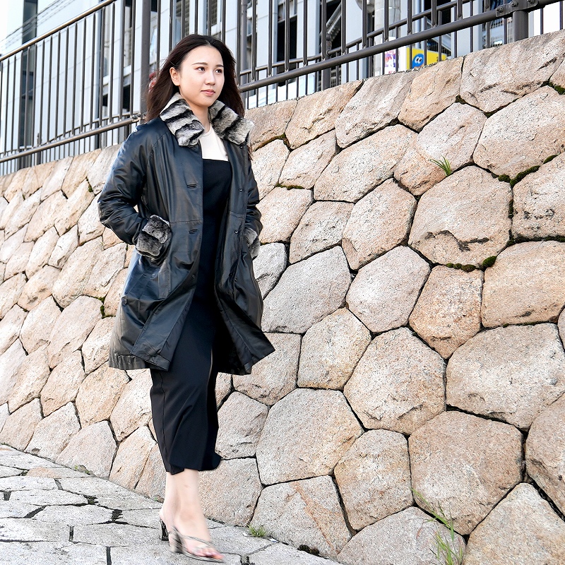 レッキスファー ラムレザーコート 中綿入り ロングコート 1349