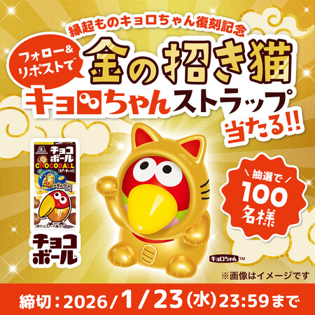 金の招き猫キョロちゃんストラップが100名様に当たる！森永製菓のX