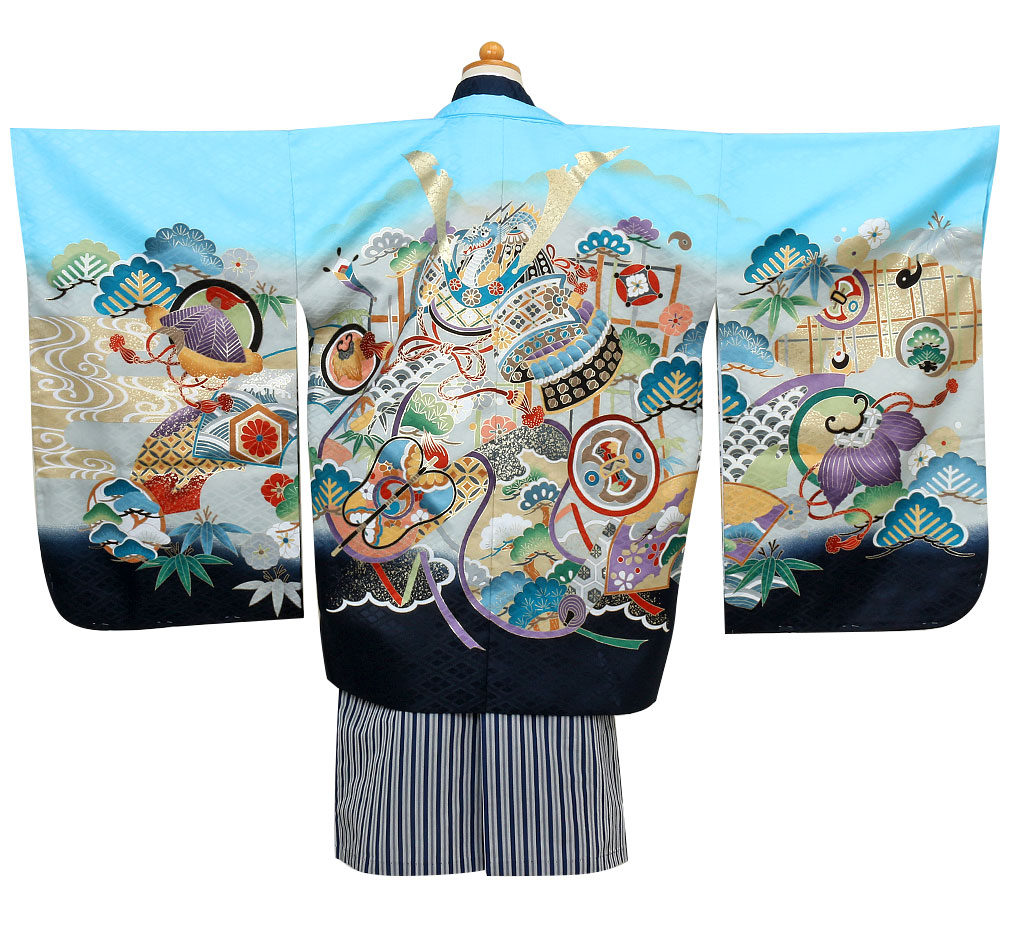 七五三》 羽織袴10点セット 男の子用 ポリエステル ＜羽織：水色×兜柄