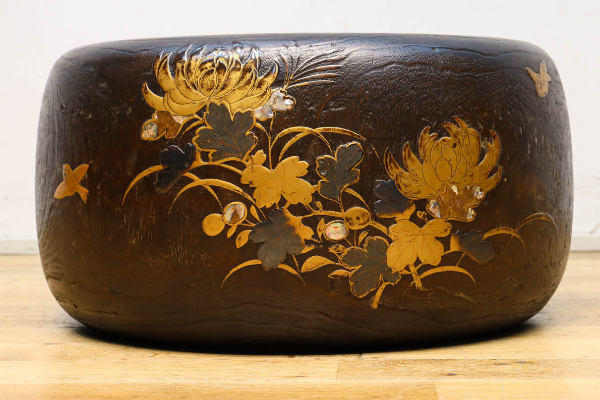 特大サイズ‼ 菊や小鳥の蒔絵で時代感漂う桐火鉢 DC7598 – 古福庵