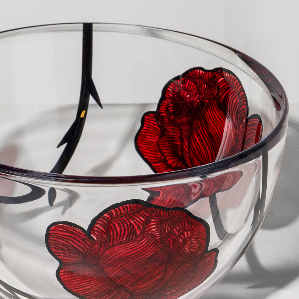 Kosta Boda Tattoo Bowl Hand Painted Decor Rose Crystal Glass Clear Red