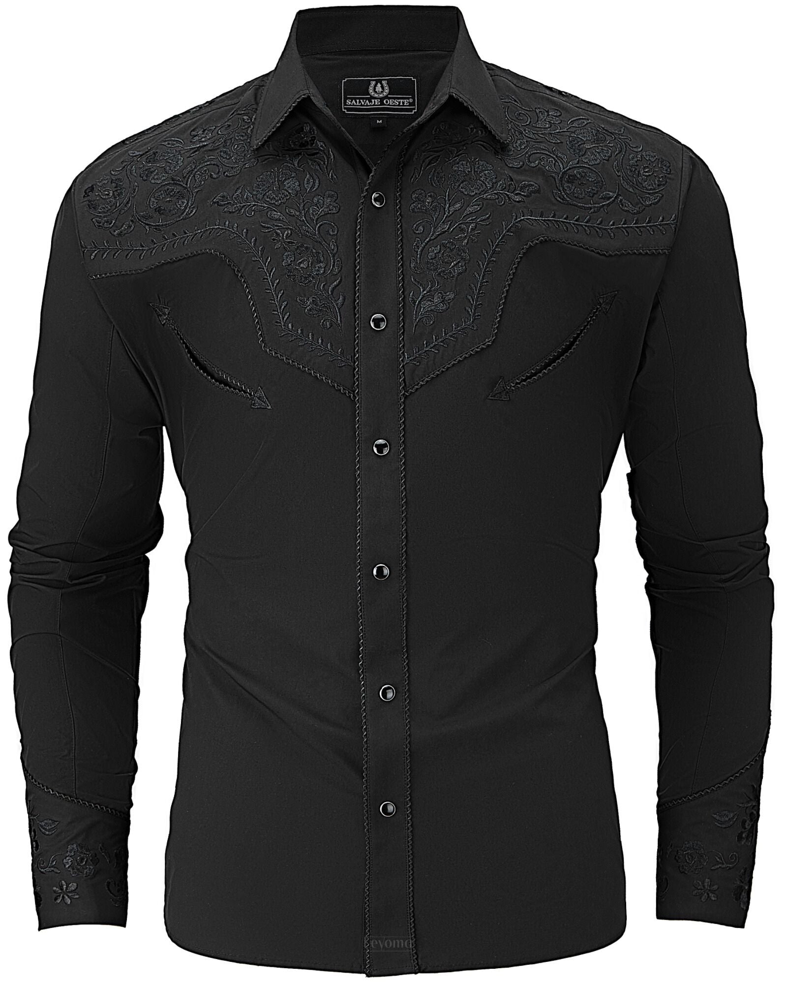 Men's All Black Modern Embroidered Western Pearl Snap Shirt – Leyoma