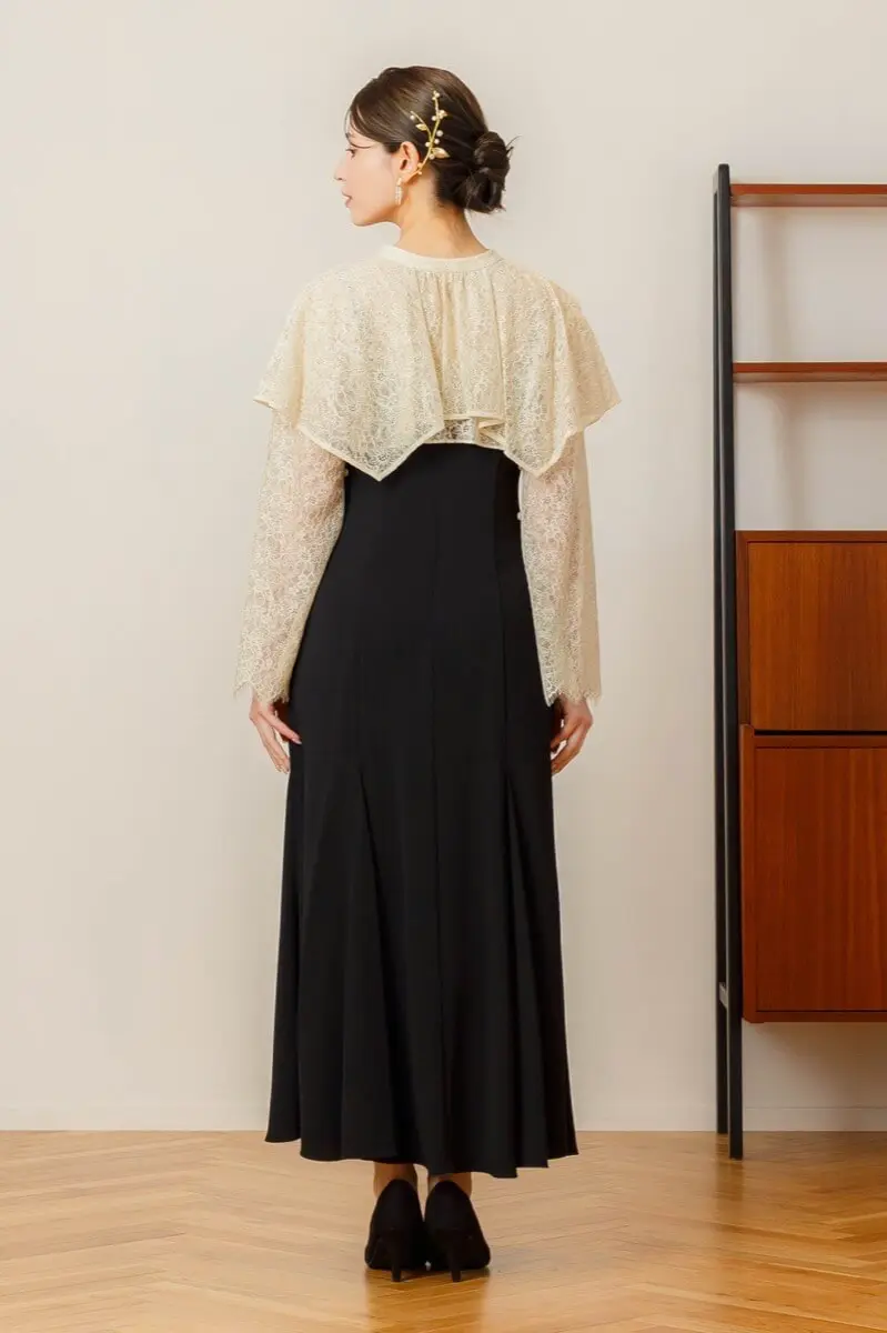 ベージュ×ブラックのレイヤードケープドレス | ANDRESD | M | 結婚式