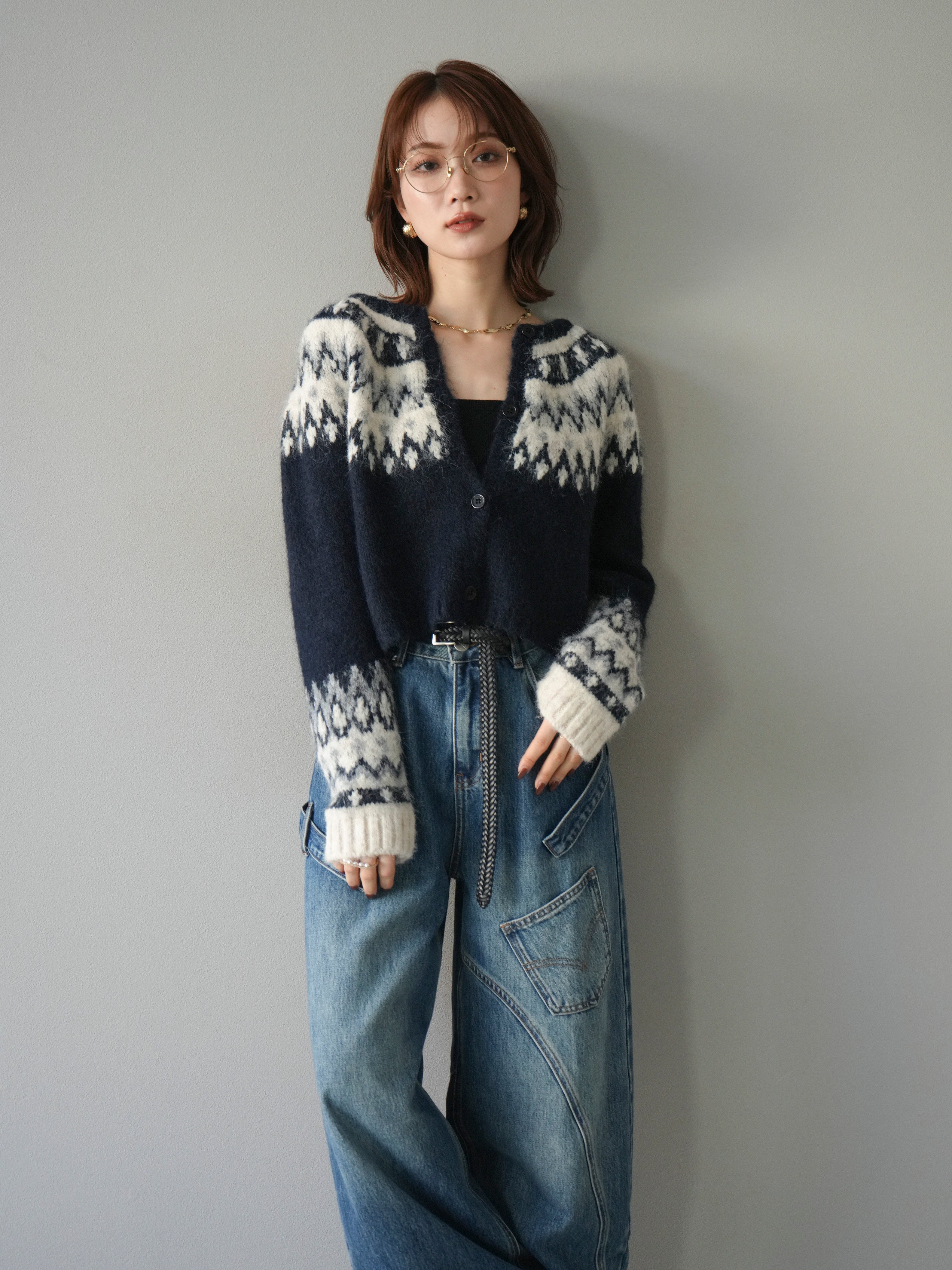 SET]求心柄クロップドニットカーディガン+ペインターカーブデニム