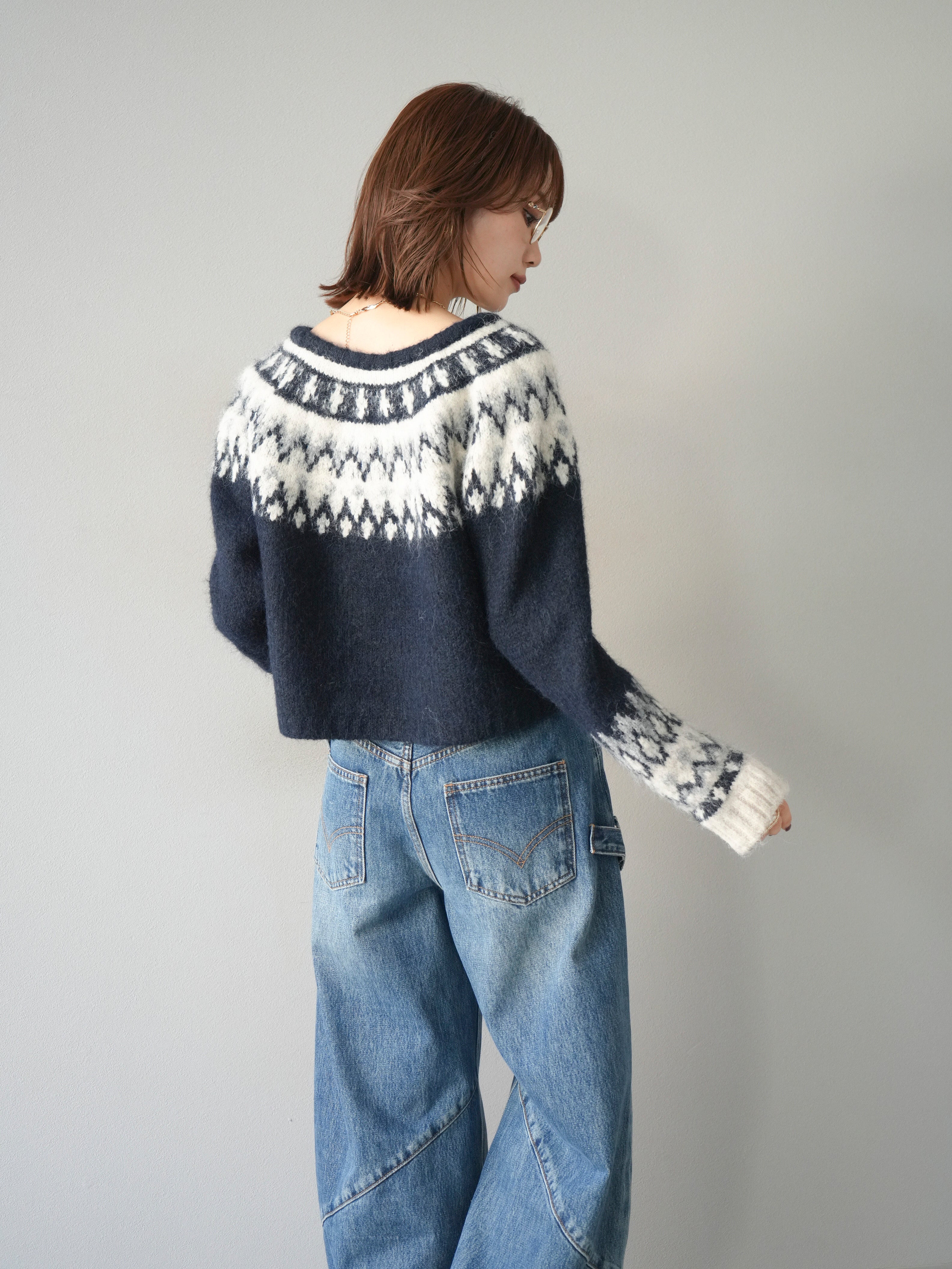 SET]求心柄クロップドニットカーディガン+ペインターカーブデニム