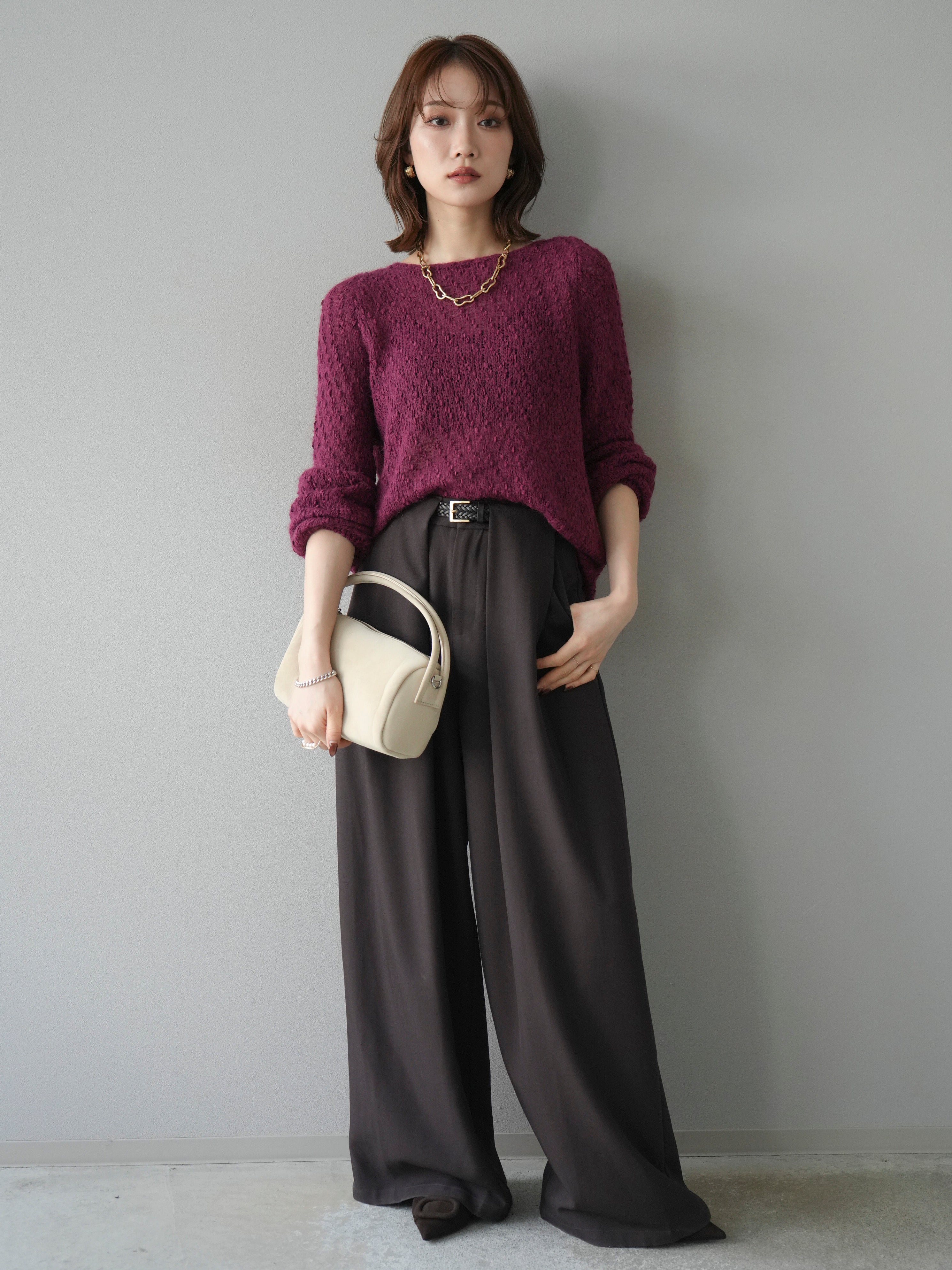 SET]異素材ミックスヤーンニットプルオーバー+ベルトループデザイン