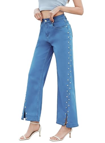 Ladyful Women's Straight Leg Jeans Stud High Waist Casual Stretch