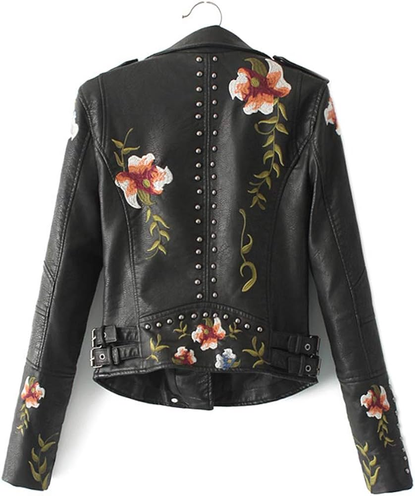 Floral Embroidery Faux Leather Jacket for Women Long Sleeve Beaded