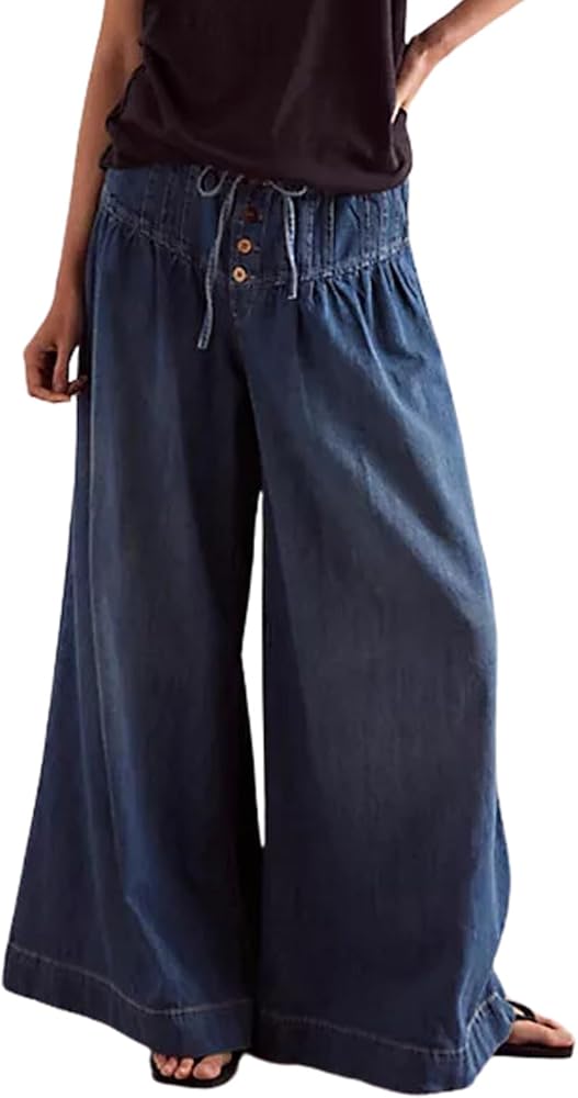 yoeasy Womens Wide Leg Jeans Elastic Drawstring Waisted Casual