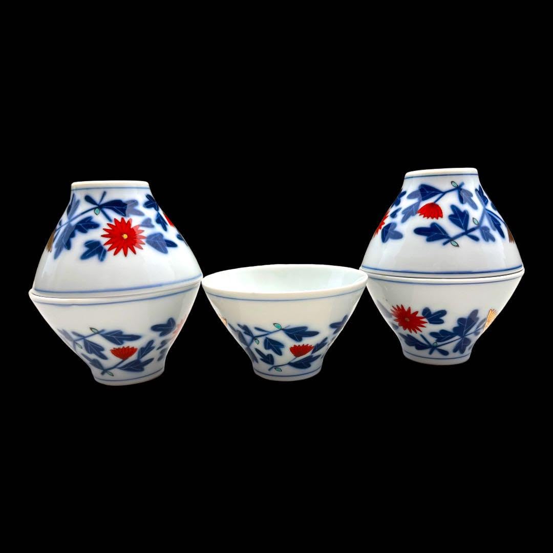 Amazon.co.jp: 江後期明治時代 豊楽燒 染付 金彩 菊花絵文 湯呑み5点