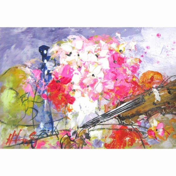 花瓶と楽器の油彩画 静物画 池田秀郎 花瓶と楽器の油彩画