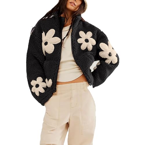 Akklian Womens Floral Print Sherpa Fleece Jackets Winter Zip Up