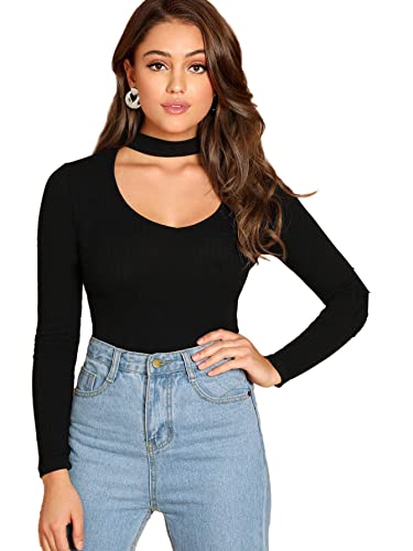 Floerns Women's Choker Neck Cutout Keyhole Sexy Long Sleeve Tee
