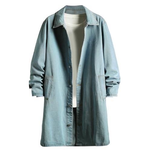 Mens Classic Denim Trench Coat Button Down Cardigan Lapel Long