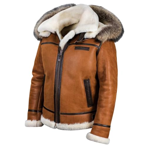ZWRXW Mens Faux Suede Shearling Leather Coat Zipper Fur Hooded