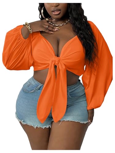 WDIRARA Women's Plus Size Sexy Deep V Neck Tie Front Long Sleeve