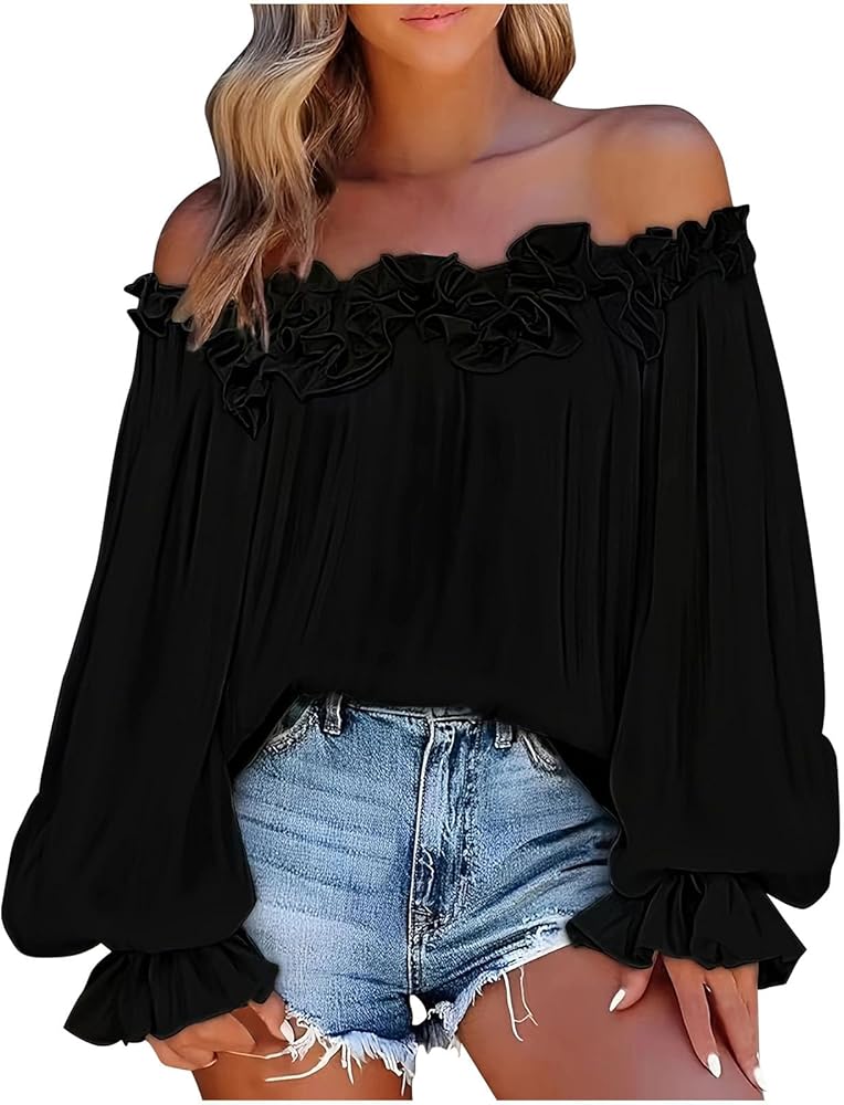 Women's Ruffle Trim Off Shoulder Tops Puff Long Sleeves Summer