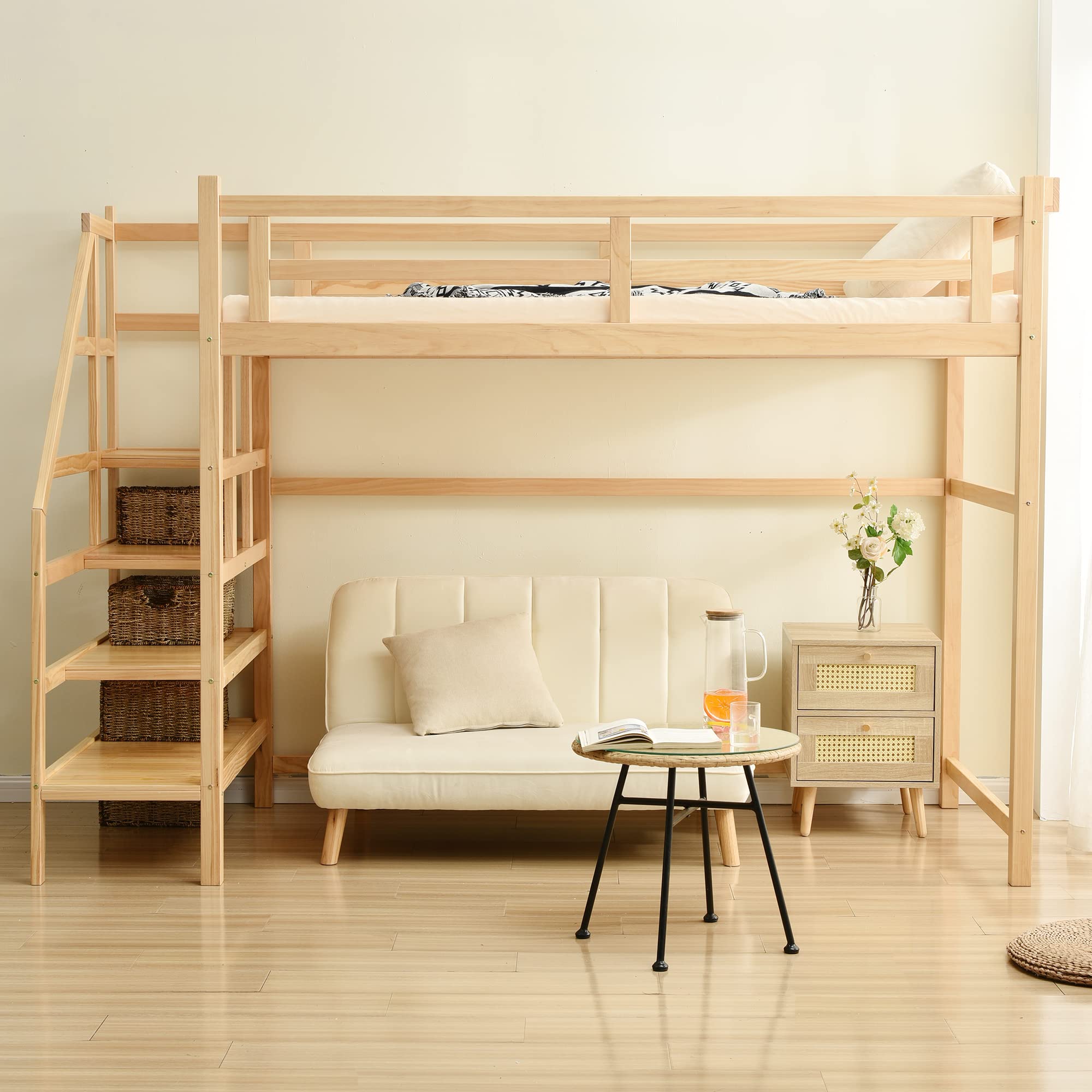 Amazon｜Chic ZONE 木製ロフトベッド 階段付き ハイタイプ 宮付