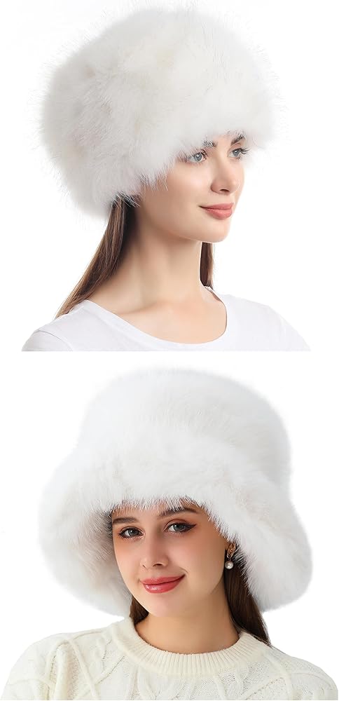 LA CARRIE Women's Faux Fur Hat & Bucket Hat White Winter Warm 2pc