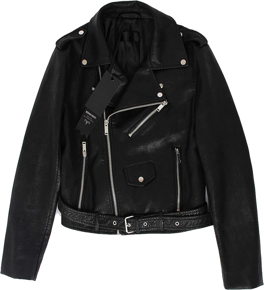 Jhichic Women's Faux Leather Textured Short Moto Jacket Zip-up